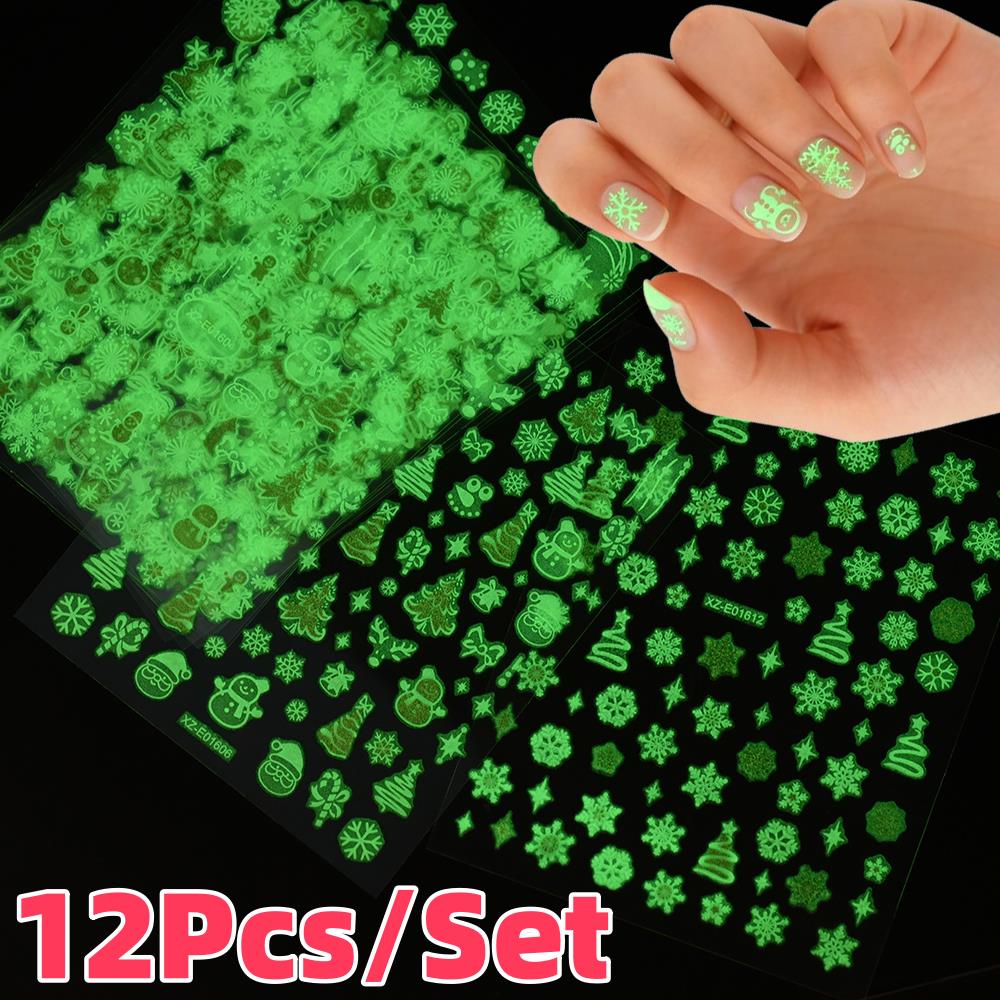 Nail Art Xmas Tree - 12 adet/takım 3D Aydınlık Noel Kar