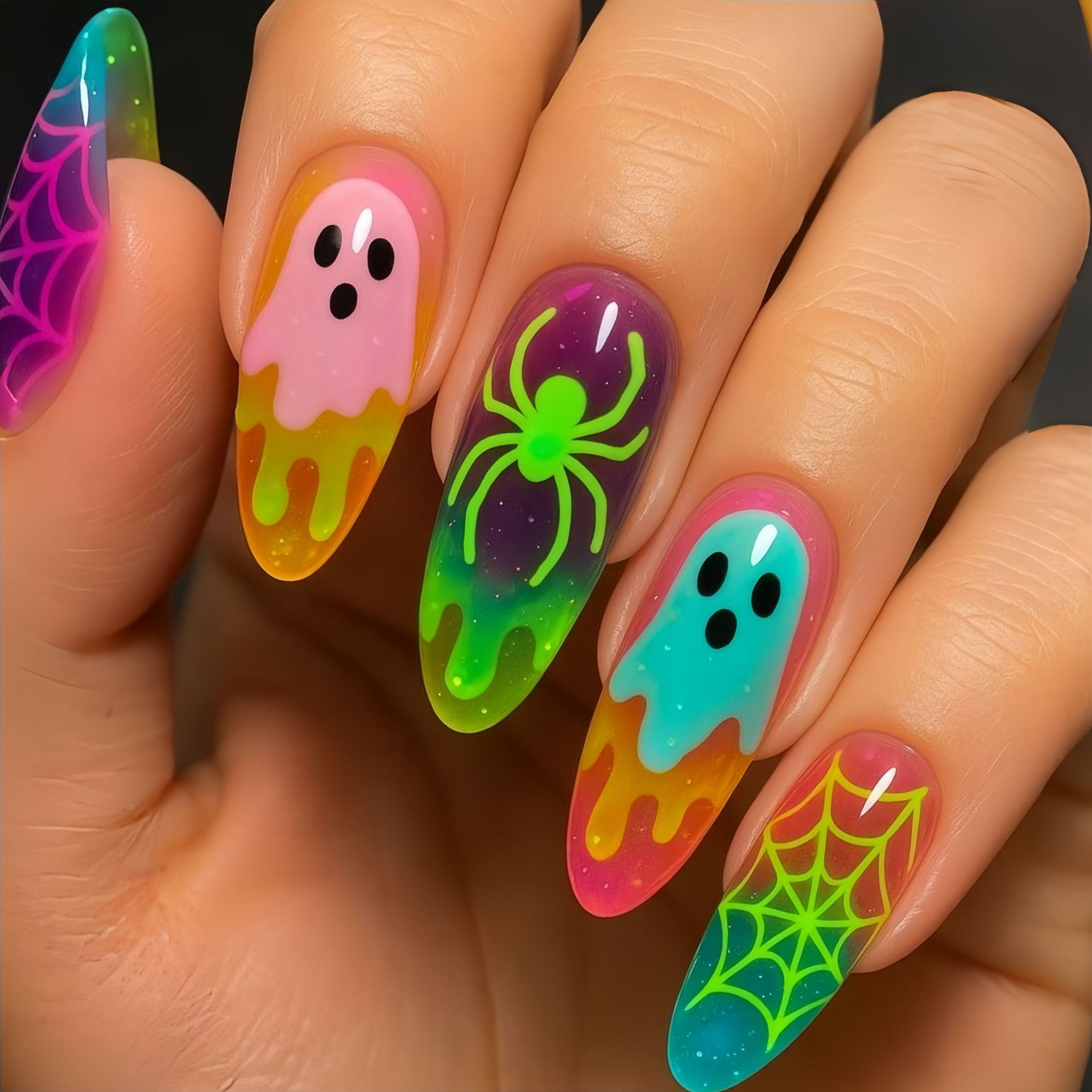 Nail Art Full Color - Neon Degrade Renkli Cadılar Bayramı Takma